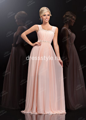 Вечернее длинное платье нежно-розового оттенка линия декольте и линия талии расшиты стразами FF042B