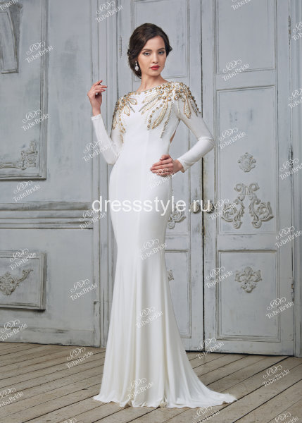 Вечернее длинное платье с облегающим силуэтом цвета айвори  CH008B