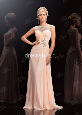 Вечернее длинное бледно-розовое платье с декором на талии и лифе из камней, страз, бисера MC020B