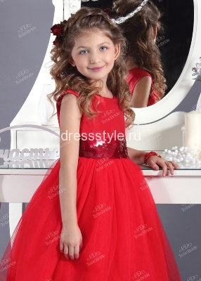 Детское платье ярко-красного цвета с пышной юбкой и жесткой сеткой из четырехслойного еврофатина HB025D 