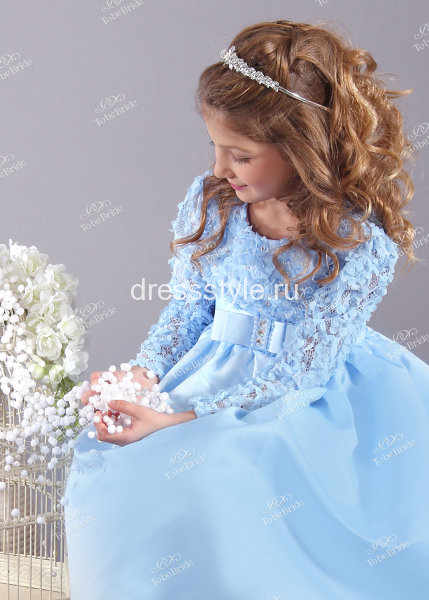 Детское платье голубого цвета из плотного атласа  HB014D
