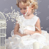 Детское белое атласное платье  расшитое золотой нитью и искусственным жемчугом  HB005D