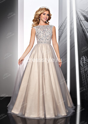 Вечернее длинное платье кремового цвета с пышной юбкой и декорированным лифом MC065B