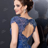 Вечернее длинное платье насыщенно синего цвета с вышивкой на лифе и акцентом в виде пояса на талии FA073B 