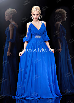Синее длинное вечернее платье с полупрозрачными рукавами и разрезами на них BB126B