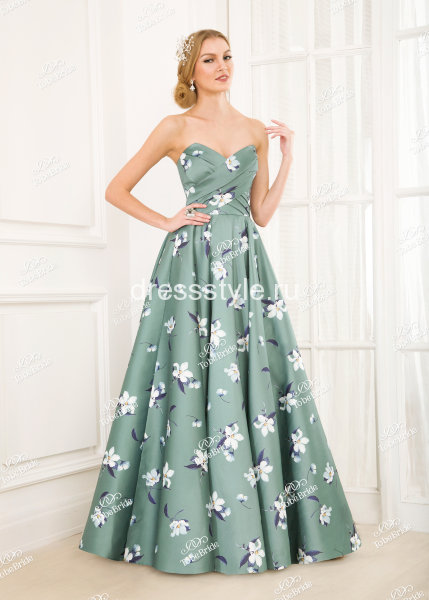 Зеленное вечернее длинное платье-бюстье с принтом из крупных цветов EM011B