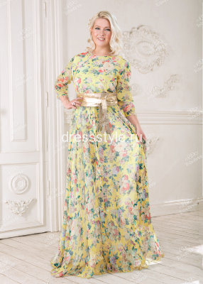 Вечернее длинное платье с цветочным принтом и широким золотистым поясом ND056B