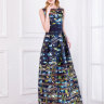 Вечернее длинное платье с ярким принтом луговых трав в сочетании цветных и полупрозрачных полос ткани ND073B   