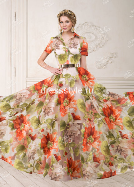 Вечернее длинное платье с яркими крупными цветами ND060B