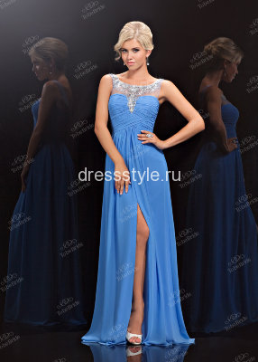 Вечернее длинное платье голубого оттенка со сверкающим «ожерельем» на лифе BB391B