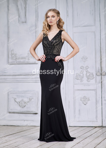 Черное вечернее платье с пайетками бисером и кристаллами CH005B