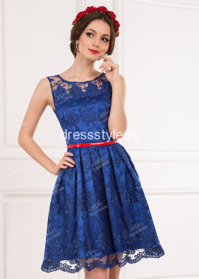 Короткое кружевное вечернее платье синего цвета с V-образным вырезом на спине ND036B