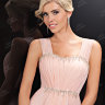 Вечернее длинное платье нежно-розового оттенка линия декольте и линия талии расшиты стразами FF042B