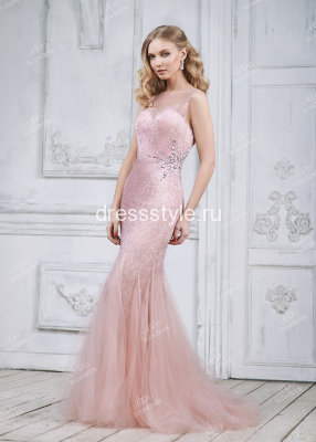 Розовое длинное  вечернее платье с крупными кристаллами, пайетками, бисером CH0018B