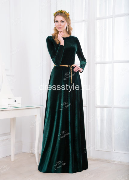 Вечернее длинное платье зеленого цвета с длинным рукавом MS002B