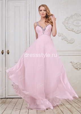 Розовое вечернее длинное платье с глубоким V-образным вырезом украшенным крупными разноцветными камнями CH0020B 