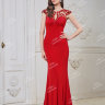 Красное вечернее длинное платье с полупрозрачной  сеткой на декольте украшенной бусинами и пайетками CH0023B 