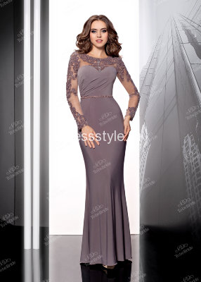 Коричневое вечернее длинное платье с прозрачными рукавами  расшитыми кружевом и изящной фурнитурой KP0385B