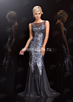 Вечернее длинное платье темно-серебристого оттенка с анималистичным принтом SR002B