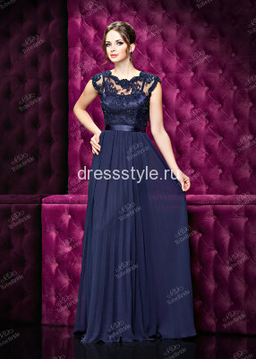 Темно-синее вечернее длинное платье с юбкой из плиссированного шифона ST059B