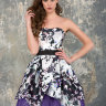Короткое вечернее платье с авангардным  принтом и яркой фиолетовой сеткой на юбке TB006B