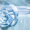 Вечернее длинное платье  нежно-голубого цвета с длинной юбкой и объемным цветком на талии MC041B