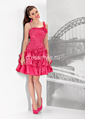 Короткое вечернее платье цвета фуксия с облегающим драпированным корсетом и пышной юбкой  BB099B