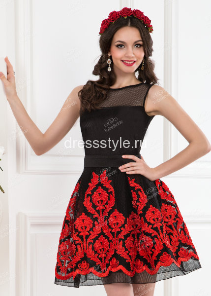 Короткое вечернее платье с пышной юбкой колокол черно-красного оттенка ND071B