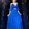 Синее длинное вечернее платье с полупрозрачными рукавами и разрезами на них BB126B