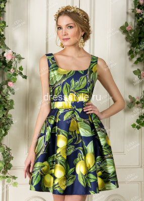 Короткое вечернее платье с фруктовым принтом  ND067B
