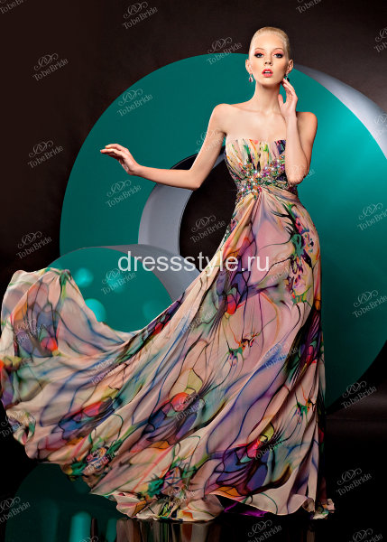 Вечернее длинное платье со сложным сюрреалистическим принтом C0229B