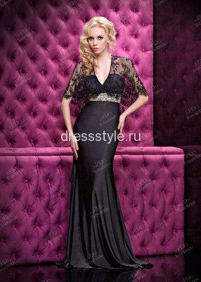 Черное вечернее длинное платье с кружевной  накидкой и сверкающим поясом C0439B