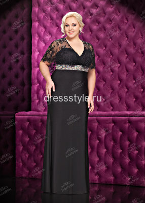 Черное вечернее длинное платье с кружевной накидкой и сверкающим поясом C0439BXL