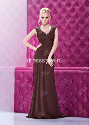 Вечернее длинное платье коричневого цвета с кружевными вставками и фигурным вырезом на спине C0610B 